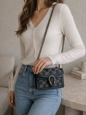 GG Monogram Mini Chain Bag Black Canvas Leather Trim Snake Buckle Crossbody